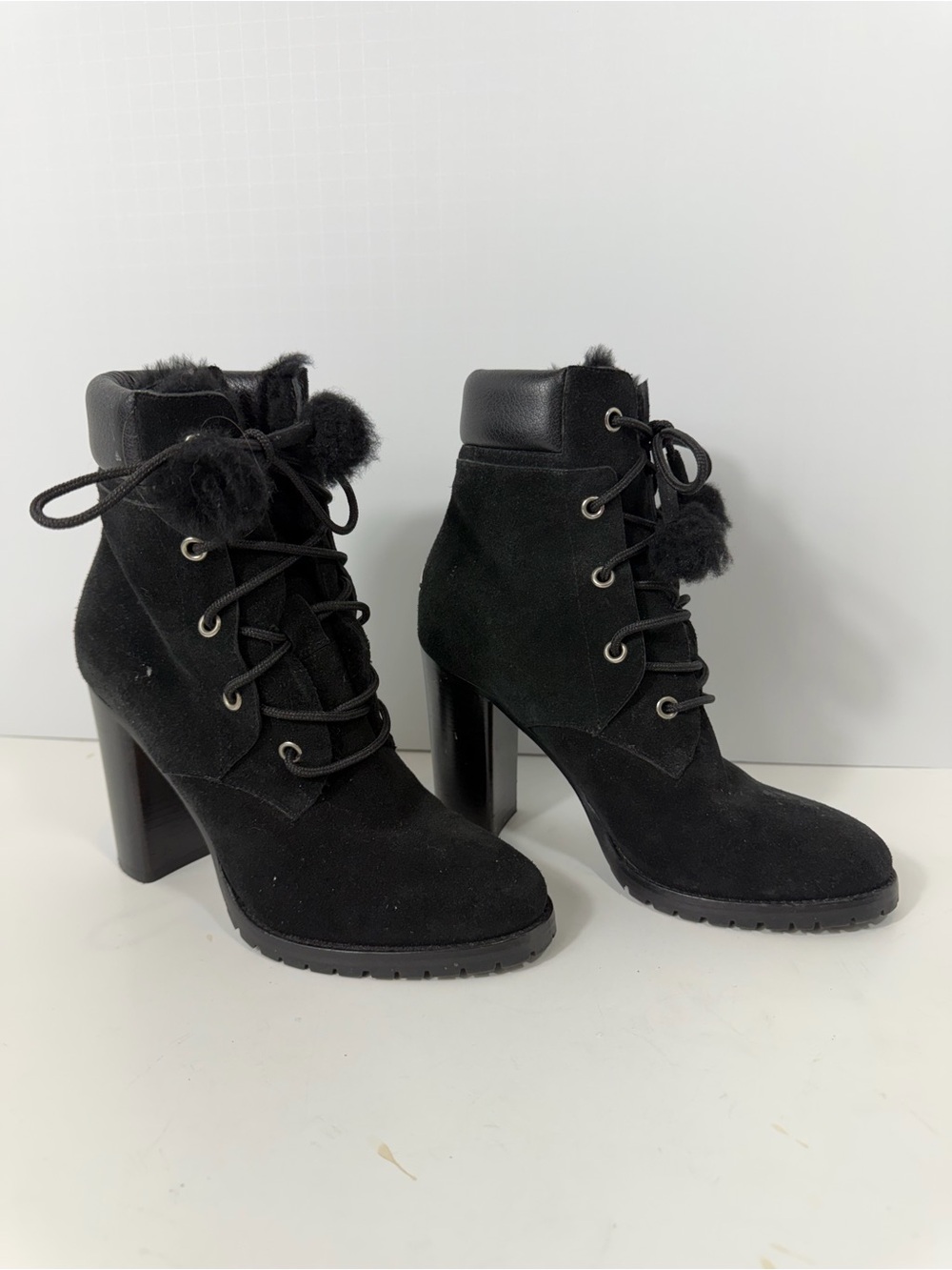 Jimmy Choo Black Suede Real Lamb Fur Pom Pom Lace Up Heel Boots Size 36